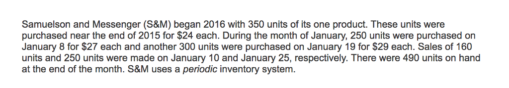 Samuelson and Messenger (S&M) began 2016 with 350 units of its