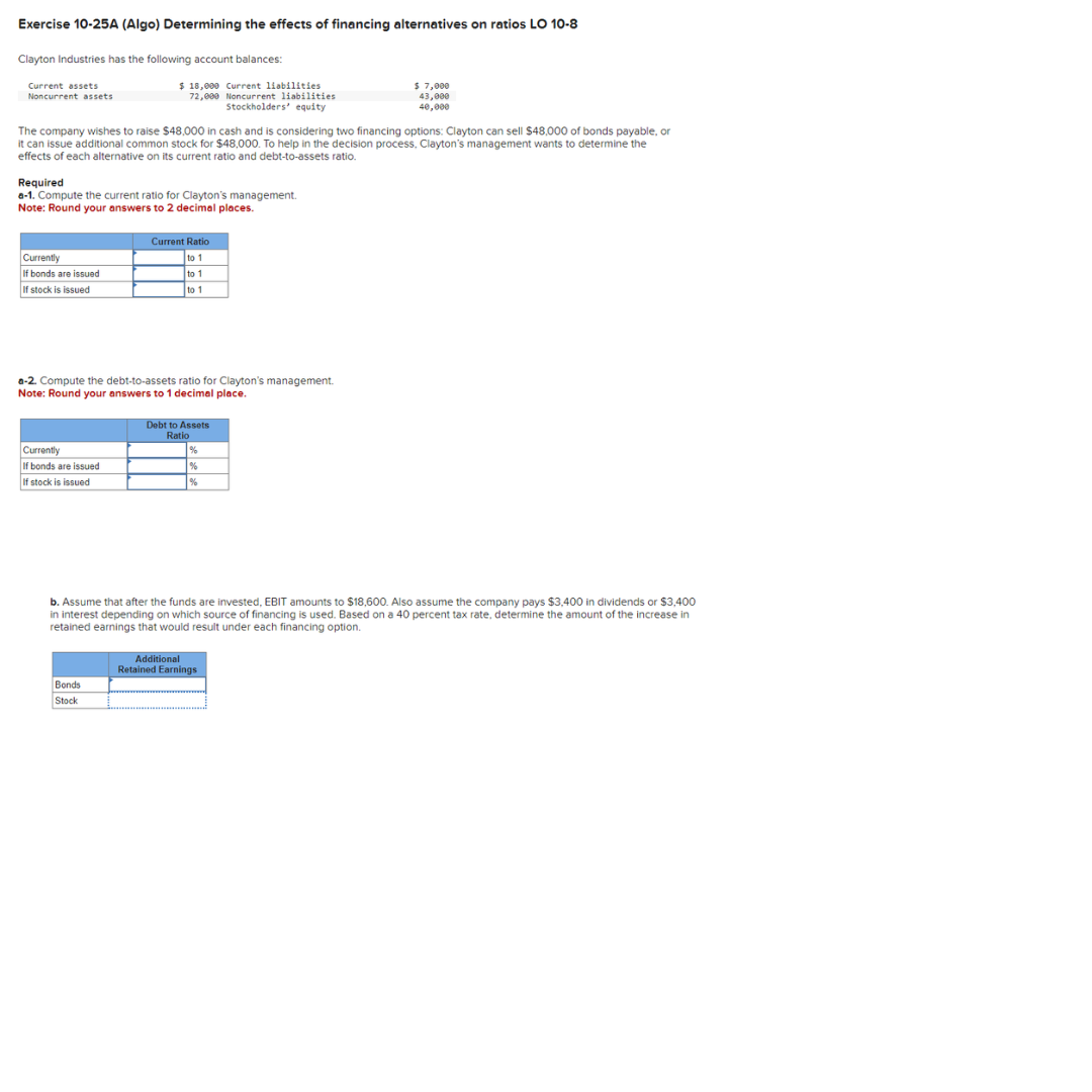  Exercise 10-25A (Algo) Determining the effects of financing alternatives on ratios