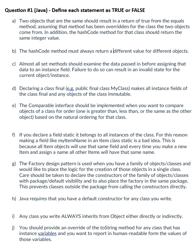  Question \#1 (Java) - Define each statement as TRUE or FALSE