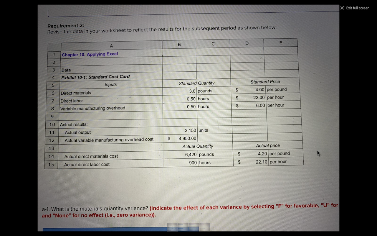 Chapter 10 Applying Excel: Managerial accounting. Would appreciate your help very