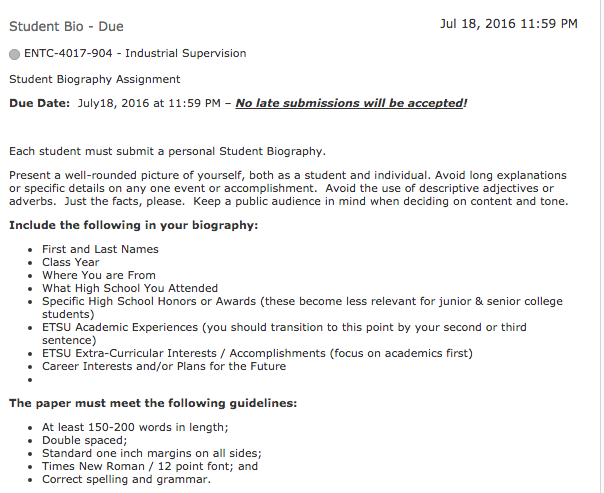 Each student must submit a personal Student Biography. Present a well-rounded