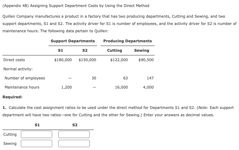  (Appendix 4B) Assigning Support Department Costs by Using the Direct Method