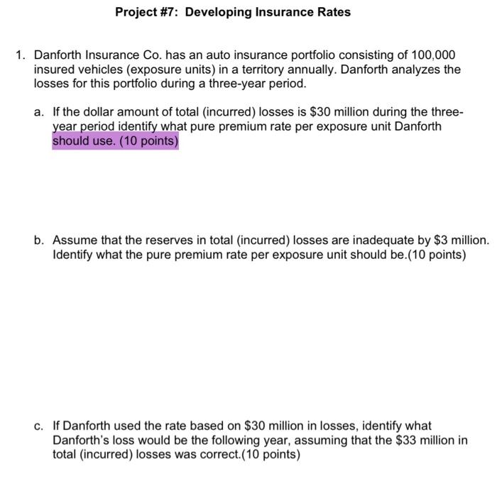  Project #7: Developing Insurance Rates Danforth Insurance Co. has an auto