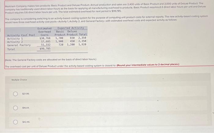  Markham Compony makes two producte: Basic Product and Deluse Product Annual