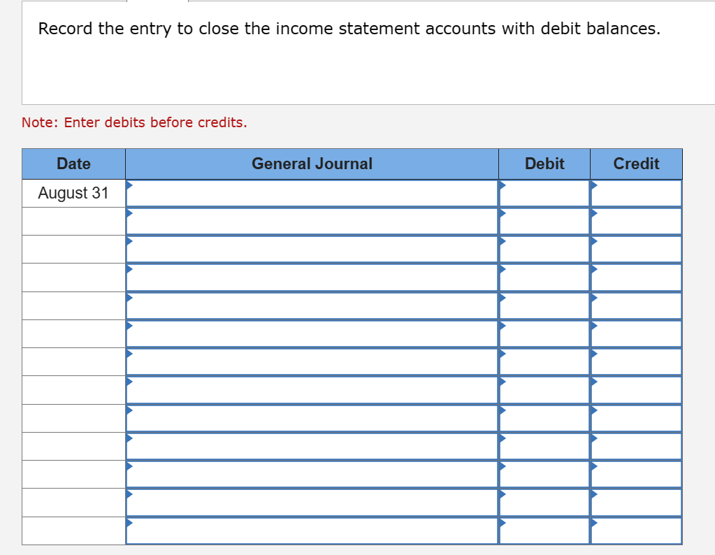 entry to close the Dividends account. Note: Enter debits before credits. Record