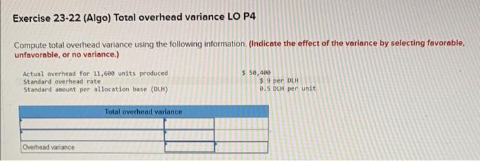  Exercise 23-22 (Algo) Total overhead variance LO P4 Compute total overhead