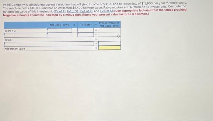  Pablo Company is considering buying a machine that will yleld income