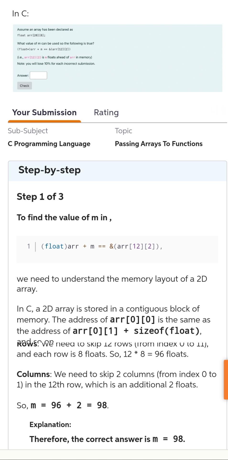  In C: Assume an array has been declared as float arr[20][8];