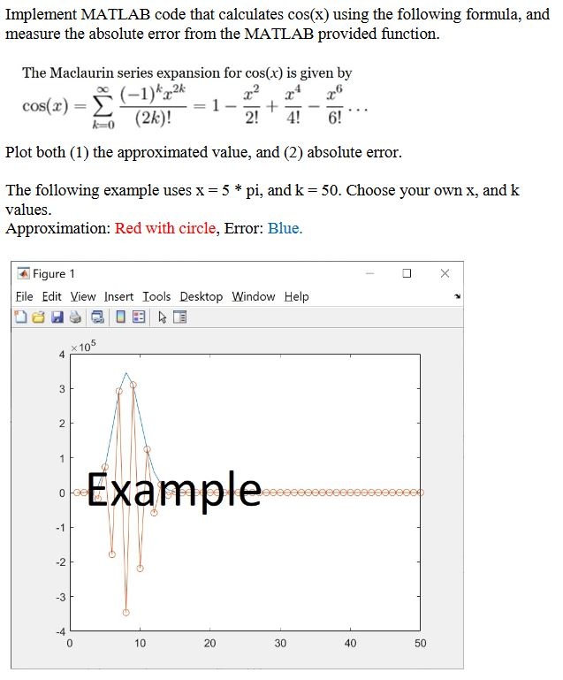  Implement MATLAB code that calculates cos(x) using the following formula, and