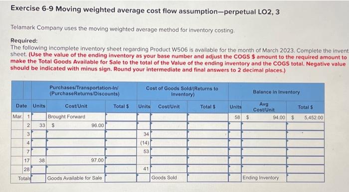  Exercise 6-9 Moving weighted average cost flow assumption-perpetual LO2, 3 Telamark
