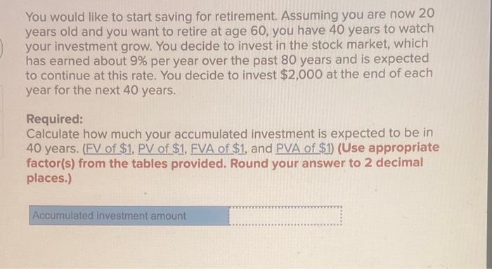  You would like to start saving for retirement. Assuming you are
