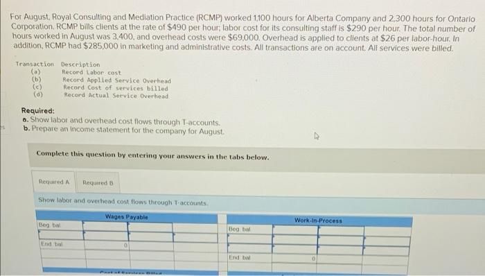 please help & show work if applicable For August, Royal Consulting and