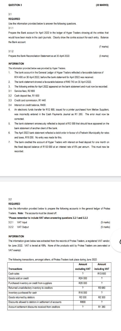 3.1 REQUIRED Use the information provided below to answer the following