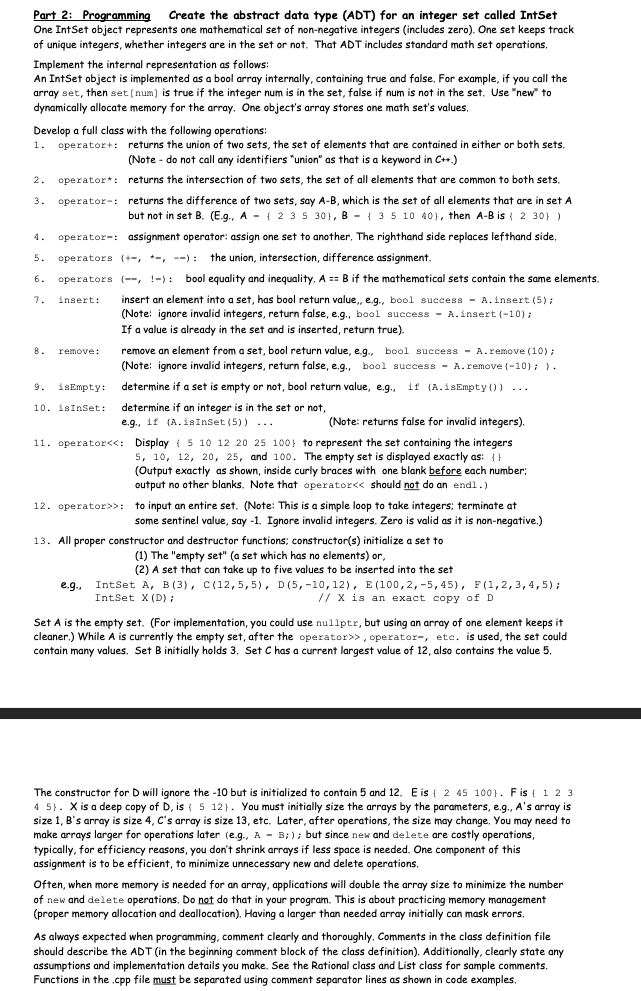  Part 2: Programming Create the abstract data type (ADT) for an