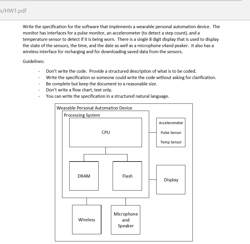 s/HW1.pdf Write the specification for the software that implements a wearable