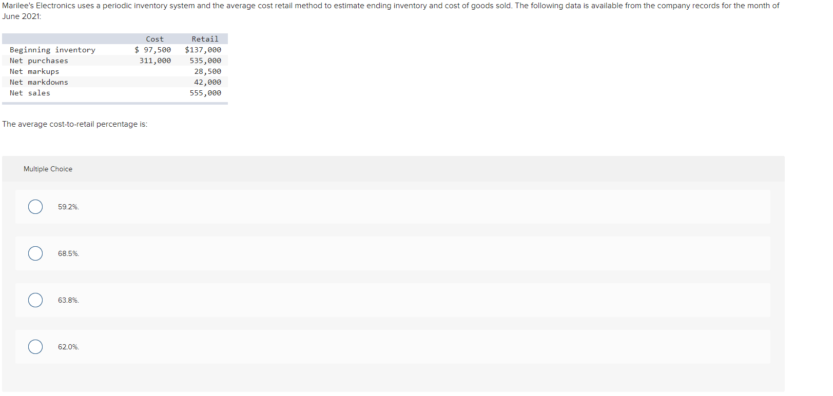 Marilee's Electronics uses a periodic inventory system and the average cost