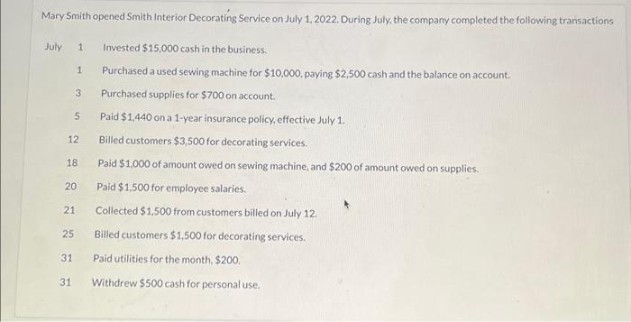  Mary Smith opened Smith Interior Decorating Service on July 1, 2022.