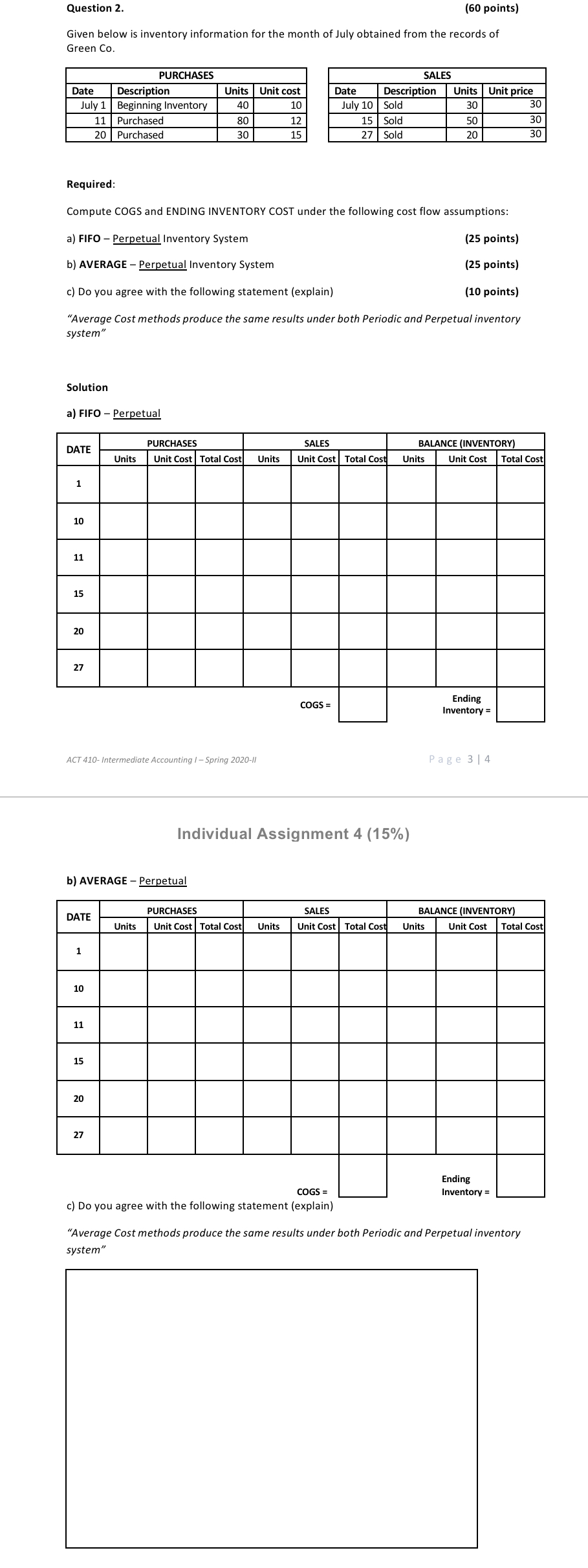 Question 2. (60 points) Given below is inventory information for the