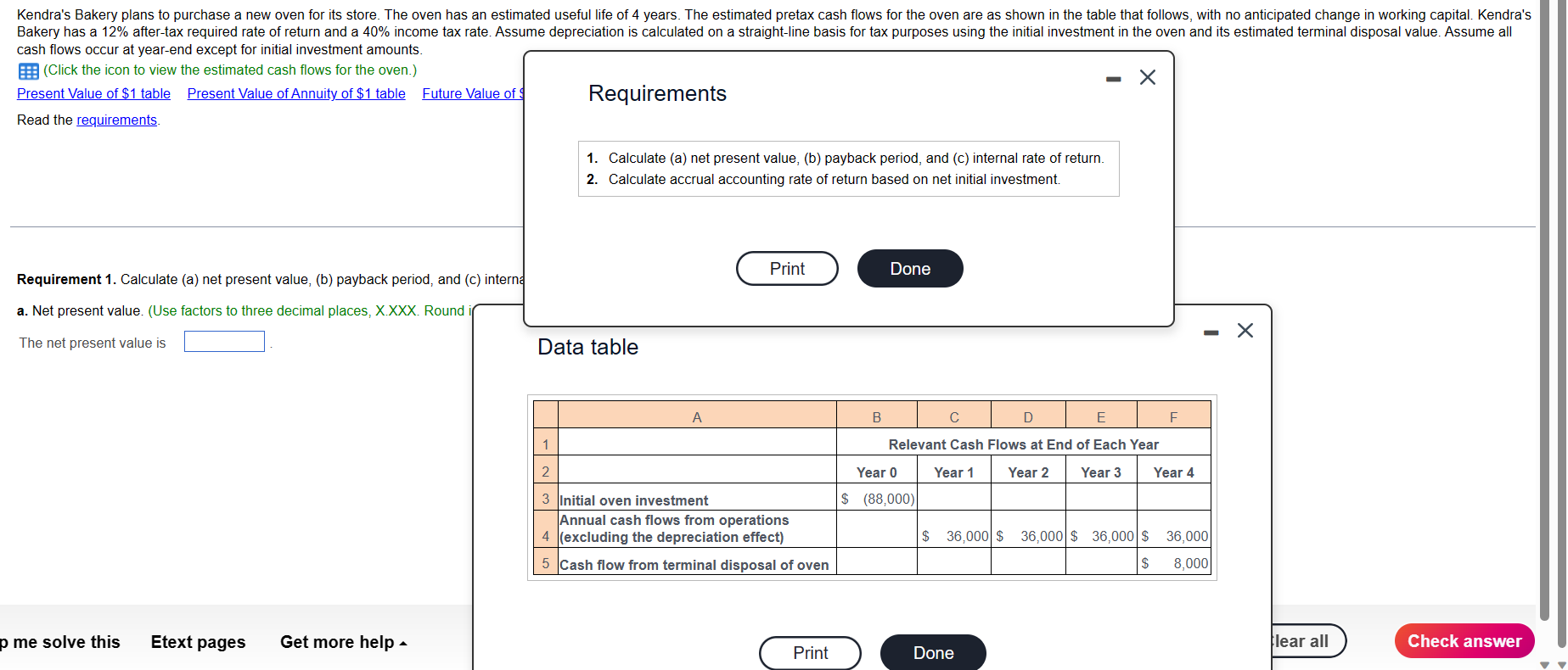 a. Net present value. (Use factors to three decimal places, X.XXX. Round