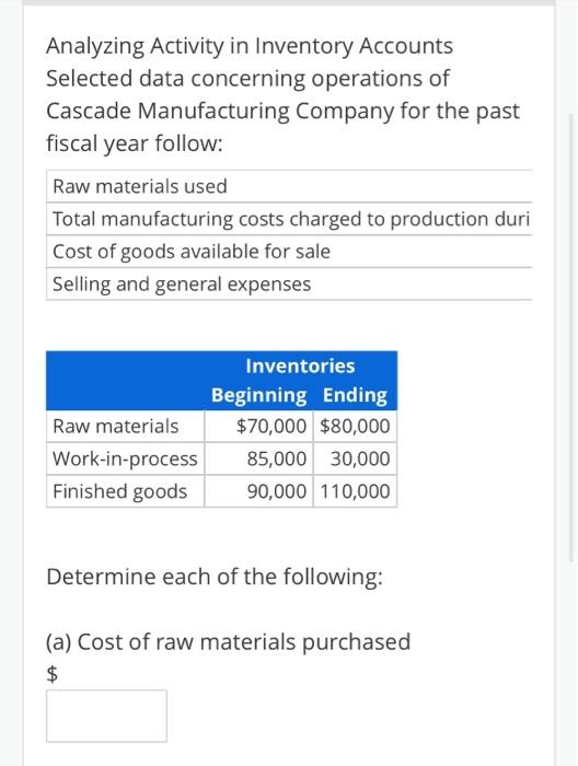 please show all steps and formulas used. Analyzing Activity in Inventory Accounts