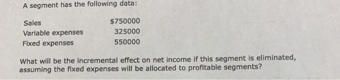  A segment has the following data: Sales Variable expenses Fixed expenses