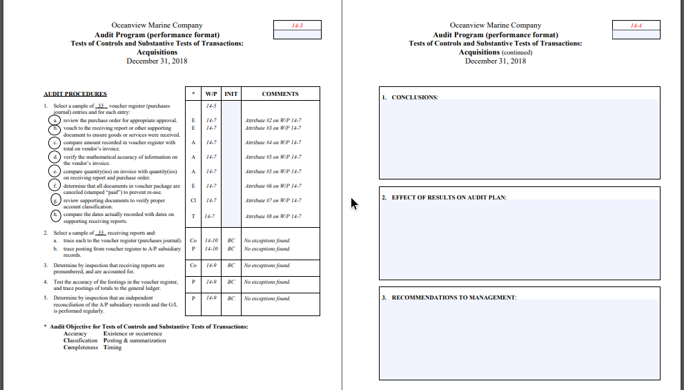  14-3 14.4 Oceanview Marine Company Audit Program (performance format) Tests of
