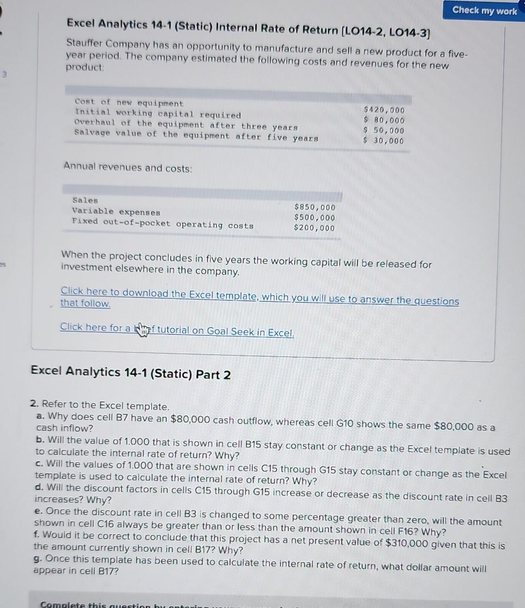 solve tables all Info given Excel Analytics 14-1 (Static) Internal Rate