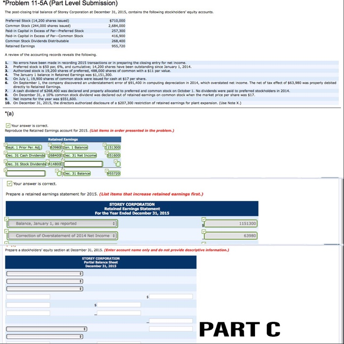 PART C Problem 11-5A (Part Level Submission) The post-closing trial balance of