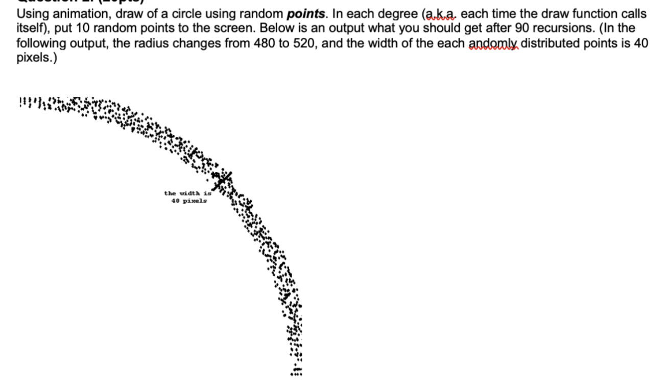 Coding lang.: Processing Using animation, draw of a circle using random points.