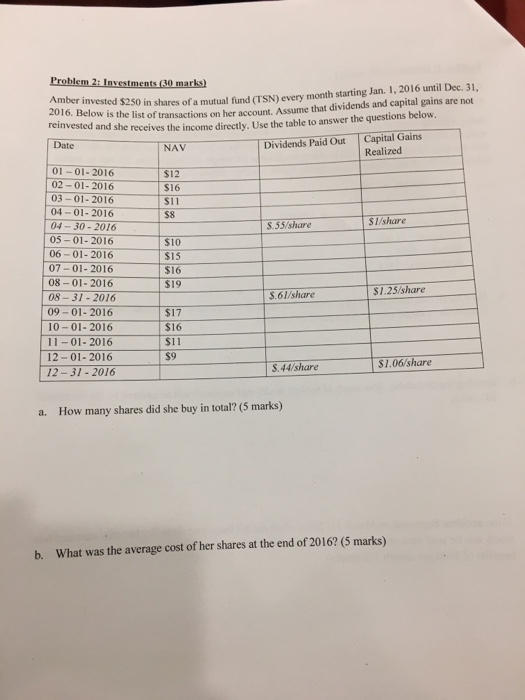  Problem 2: Investments 30 marks) 1.2016 until Dec. 31, Amber i