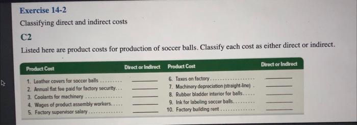  Exercise 14-2 Classifying direct and indirect costs C2 Listed here are
