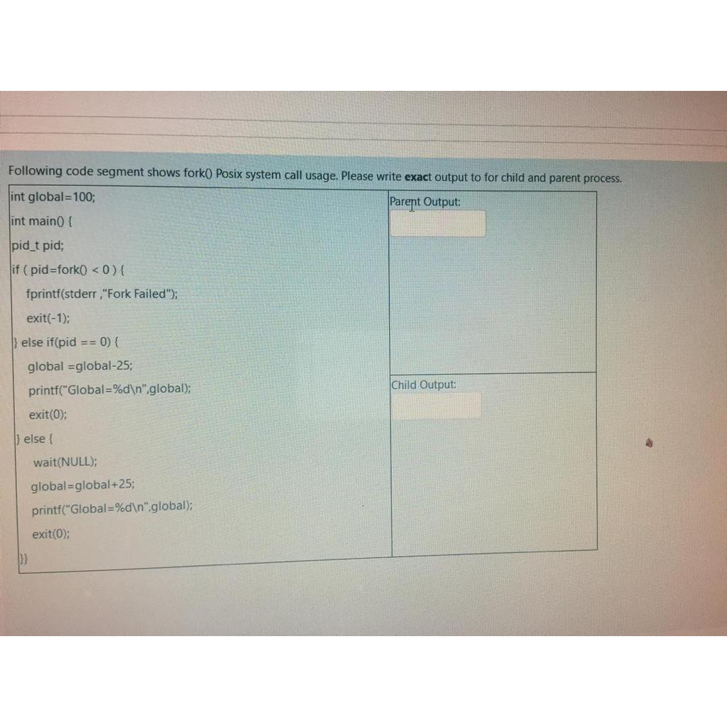  Following code segment shows fork0 Posix system call usage. Please write