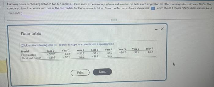 Gatoway Tours is choosing between two bus models, One is more