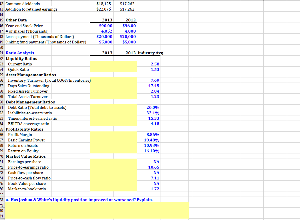 1 12/7/2016 3 Requirement: Conduct Ratio Analysis 4 5 Joshua & White