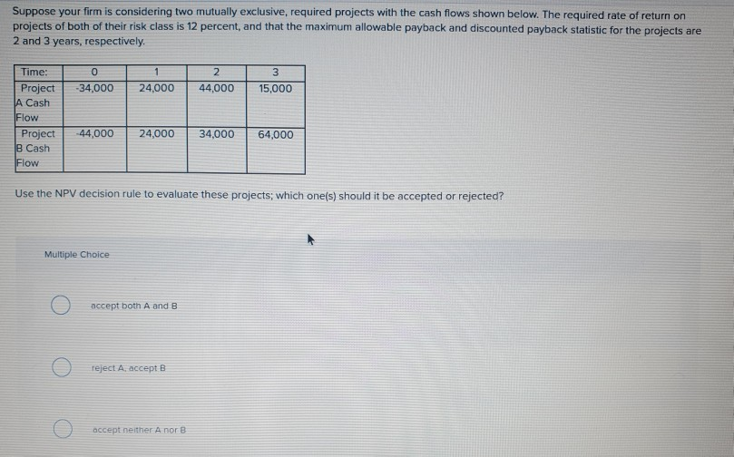  Suppose your firm is considering two mutually exclusive, required projects with