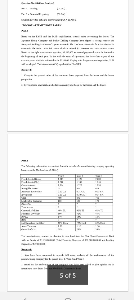 Case Analysis) Question Ne Part A-Le (CLO2) Part B - Financial