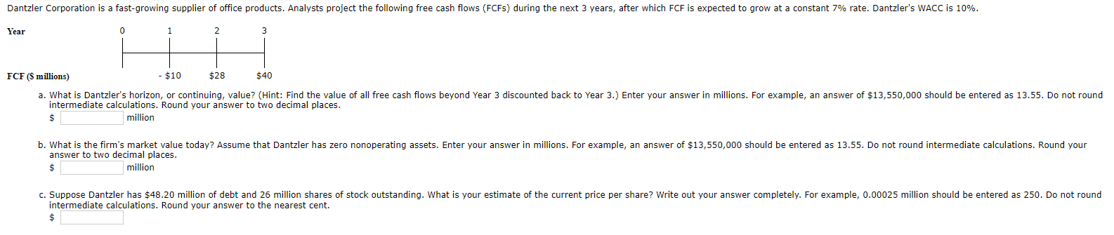 Year FCF (\$ millions) intermediate calrulations. Round your answer to two