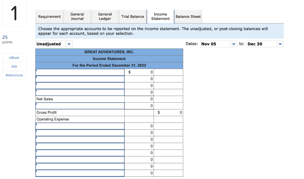 Help Save & Exit Submit Check my work Great Adventures Problem AP10-1