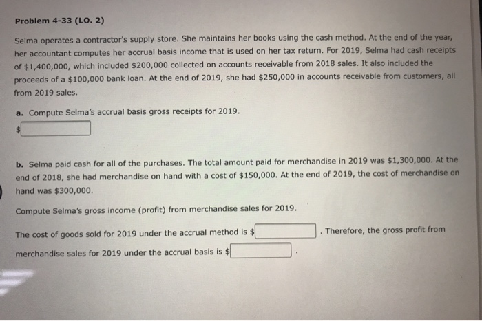  Problem 4-33 (LO. 2) Selma operates a contractor's supply store. She