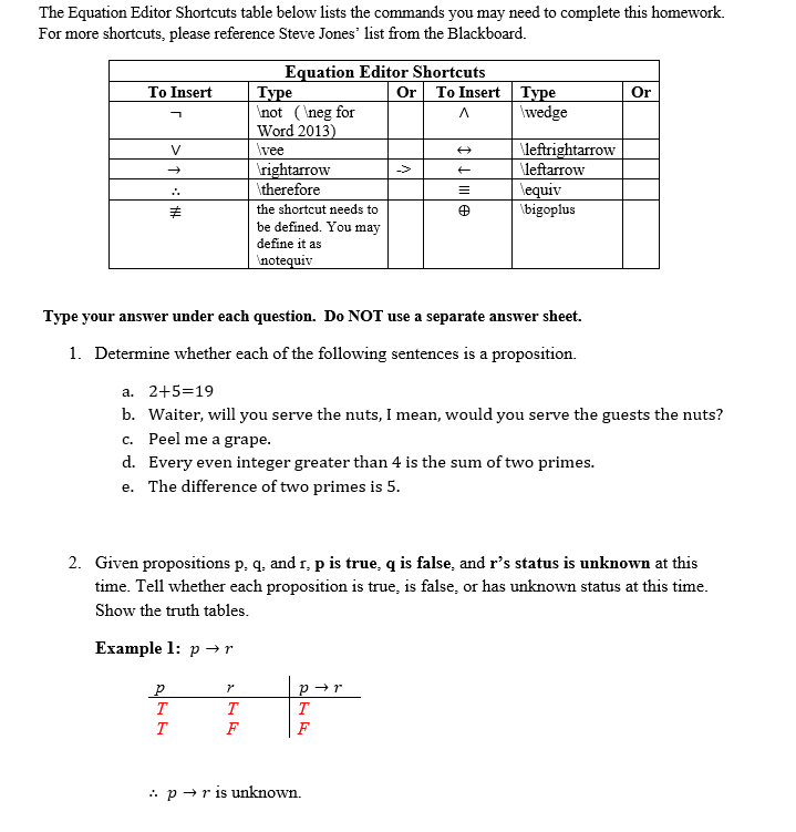  PLEASE SOLVE EVERYTHING The Equation Editor Shortcuts table below lists the