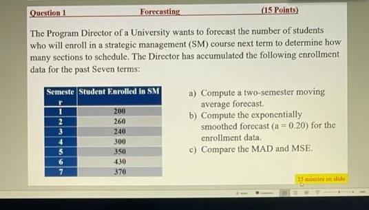  Question 1 Forecasting (15 Points) The Program Director of a University