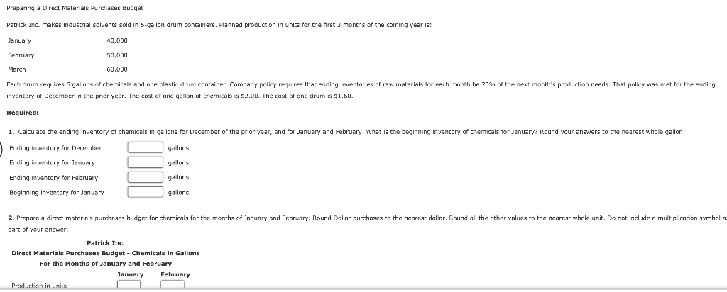 Preparing a Direct Materials Purchases Budget Patrick Inc. makes Industrial solvents