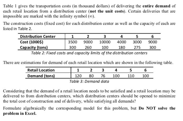 (20 points) A large furniture company has six retail locations spread out