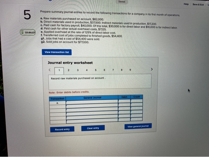  Saved Help Save & Exit Prepare summary journal entries to record