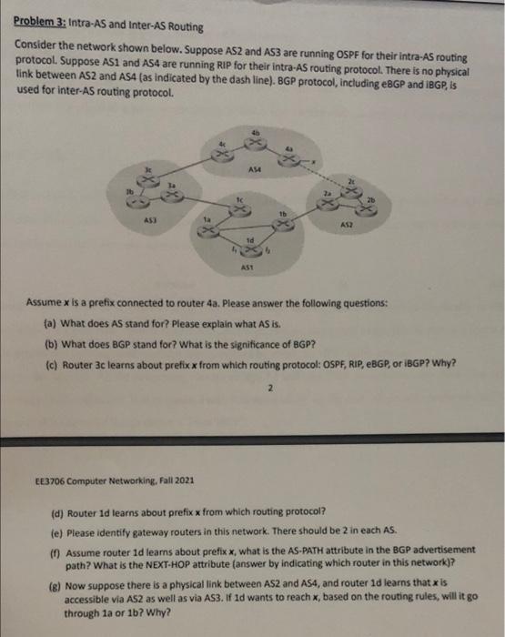 please, I need just answers for (e, f, g) Problem 3: Intra-AS