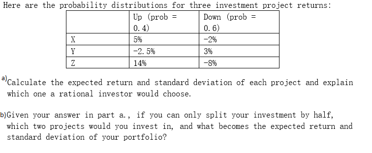  Here are the probability distributions for three investment project returns: Up