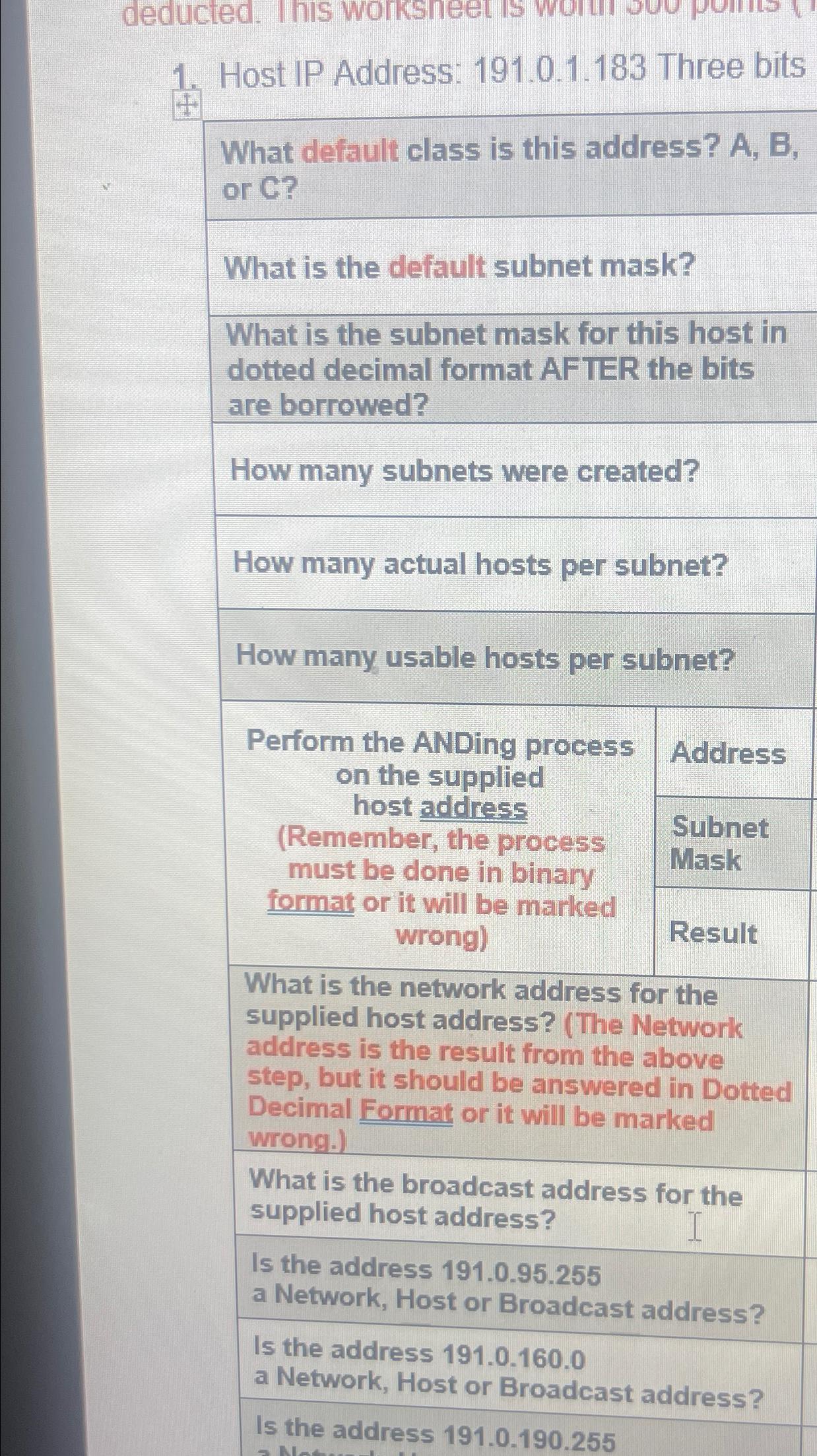  Host IP Address: 191.0.1.183 Three bits What default class is this