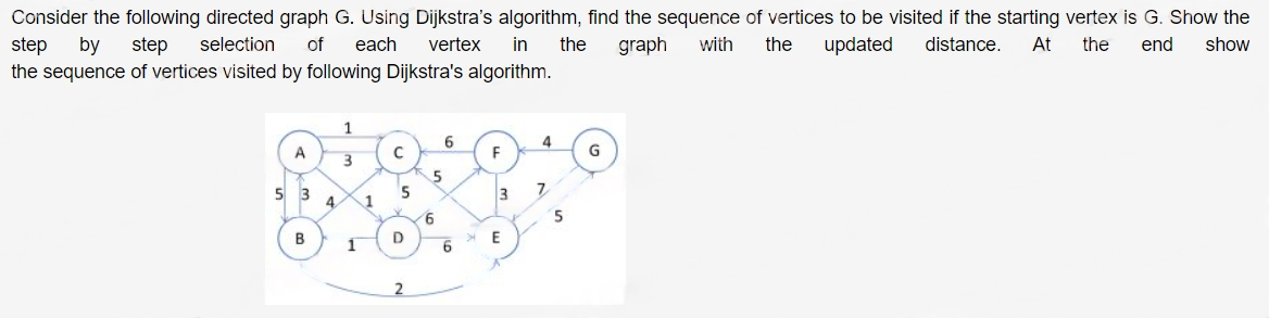  Consider the following directed graph G. Using Dijkstra's algorithm, find the