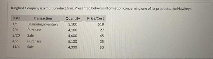  Kingbird Company is a multiproduct form. Presented below is information concerning