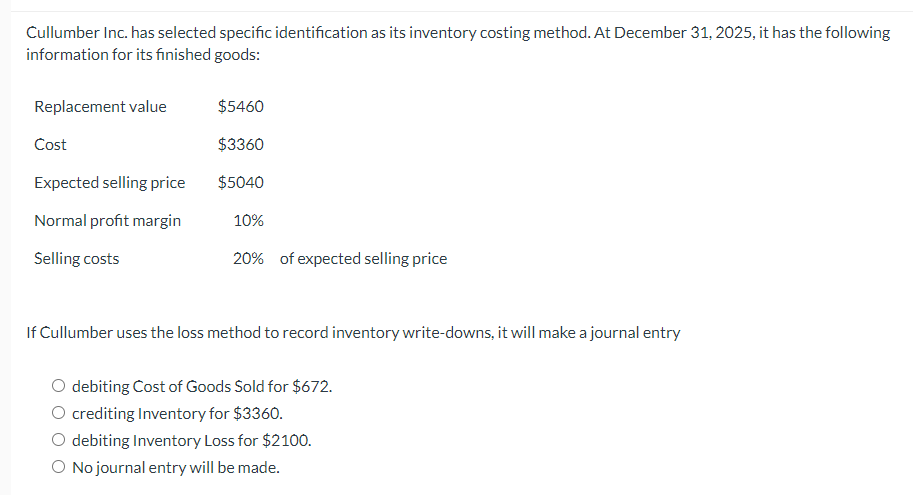 Cullumber Inc. has selected specific identification as its inventory costing method.